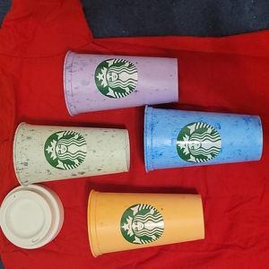 New Starbuck multi color hot coffee or tea travel cups. (4)